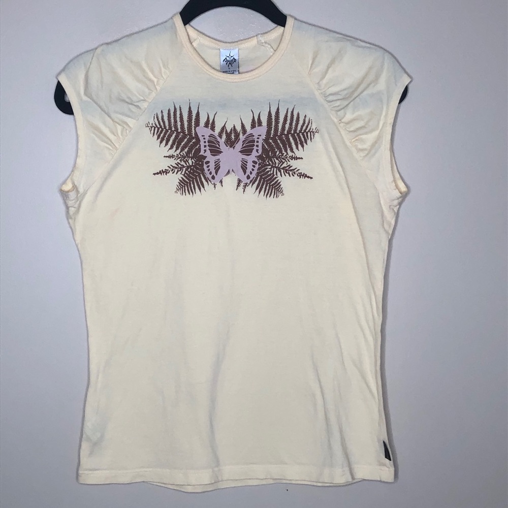 PrAna Cap Sleeve Round Neck Butterfly Graphic Top